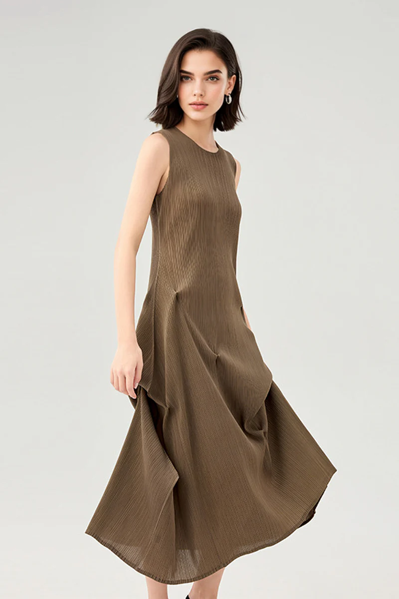 Designer Inspired Pleated Asymmetrical Midi Dress - HBQMJX