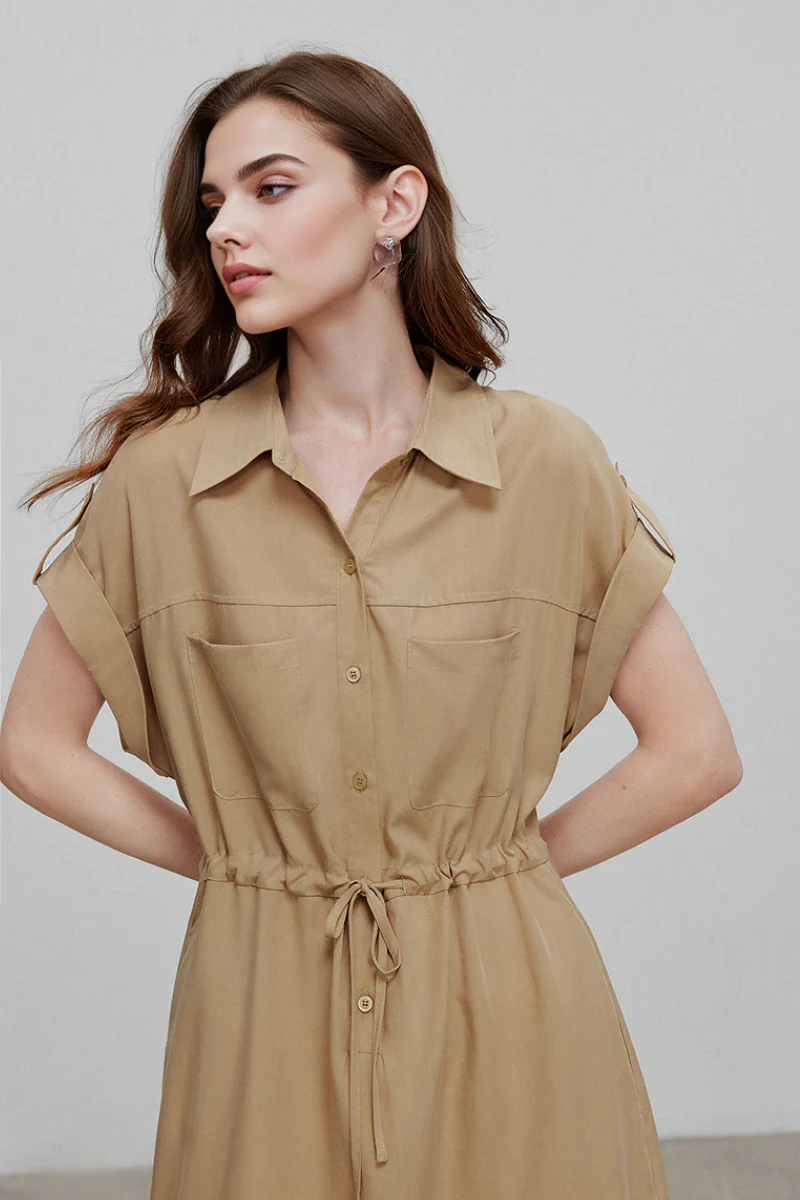 Khaki Cap-Sleeve Shirt Midi Dress With Belt - HBQMJX