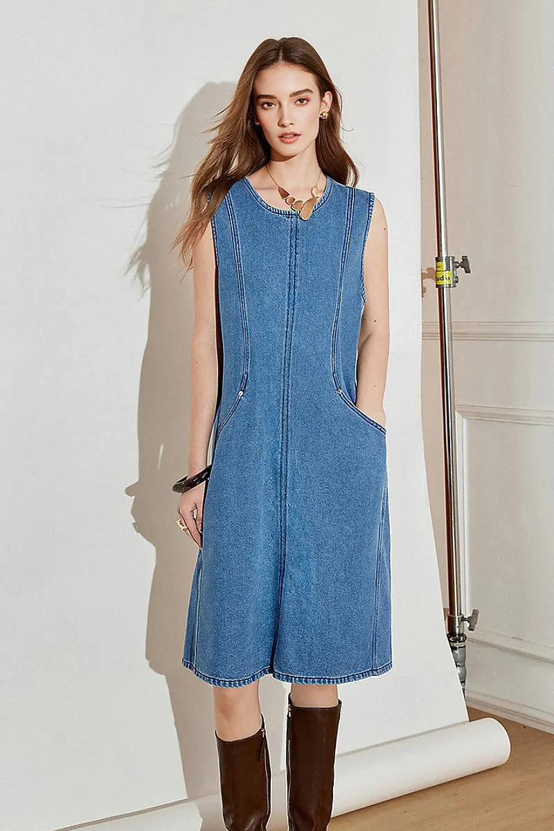 Denim Sleeveless Shift Midi Dress with Pockets - HBQMJX