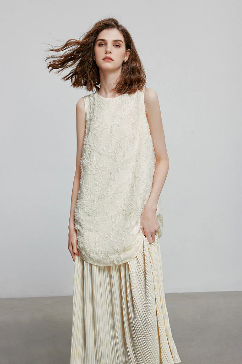 White Pleated Frayed Jacquard Mixed-Media Midi Dress - HBQMJX