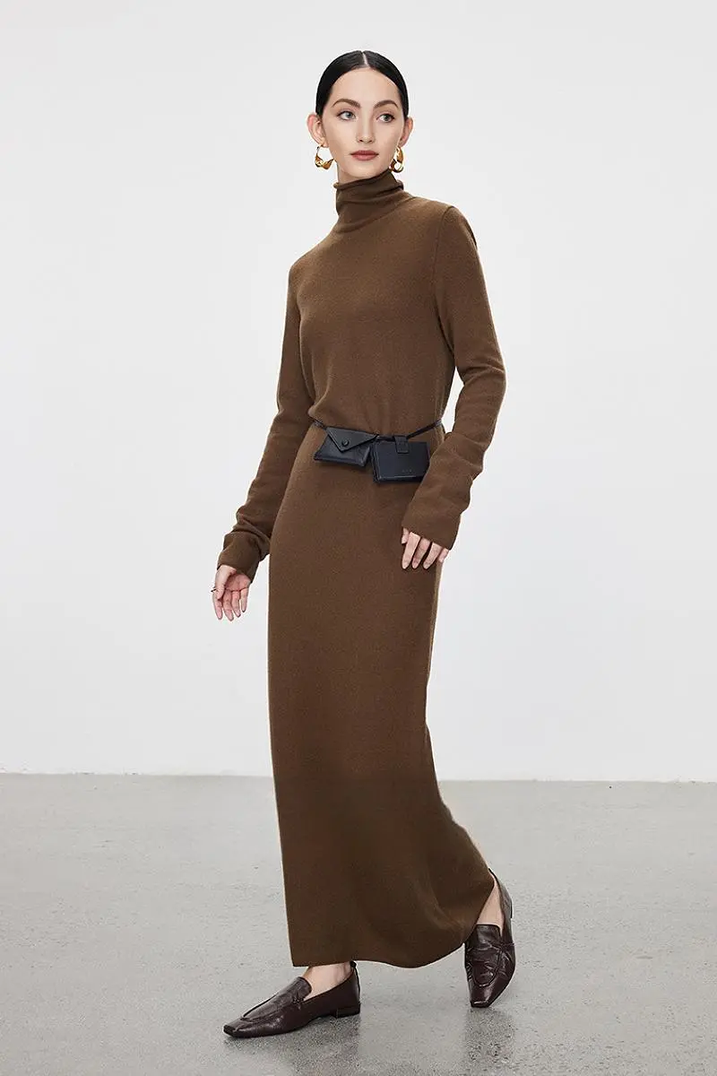 100 Wool Long Sleeve Crewneck Maxi Sweater Dress - HBQMJX