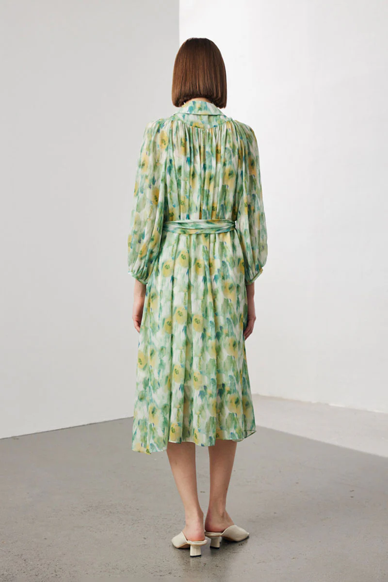 100 Mulberry Silk Floral Balloon-Sleeve V-Neck Collared Midi Dress - HBQMJX