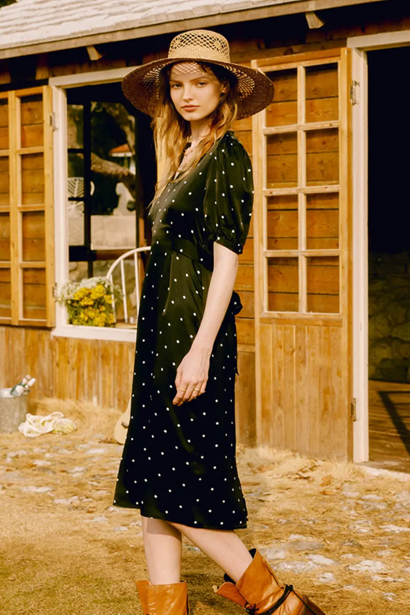 French-Inspired Silk  Crepe-Back Polka Dot Midi Dress in Black - HBQMJX