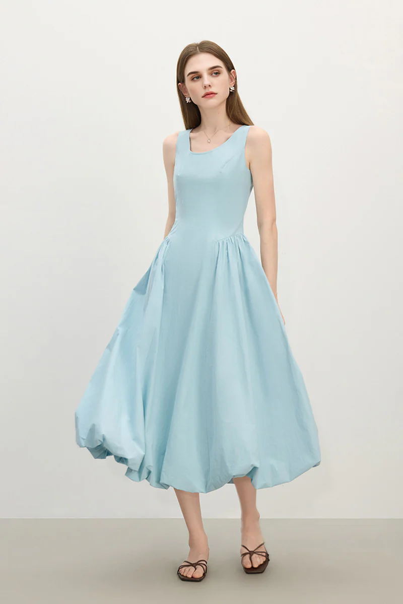 Baby Blue 100 Cotton Sleeveless Scoop-Neck Bubble Midi Dress - HBQMJX