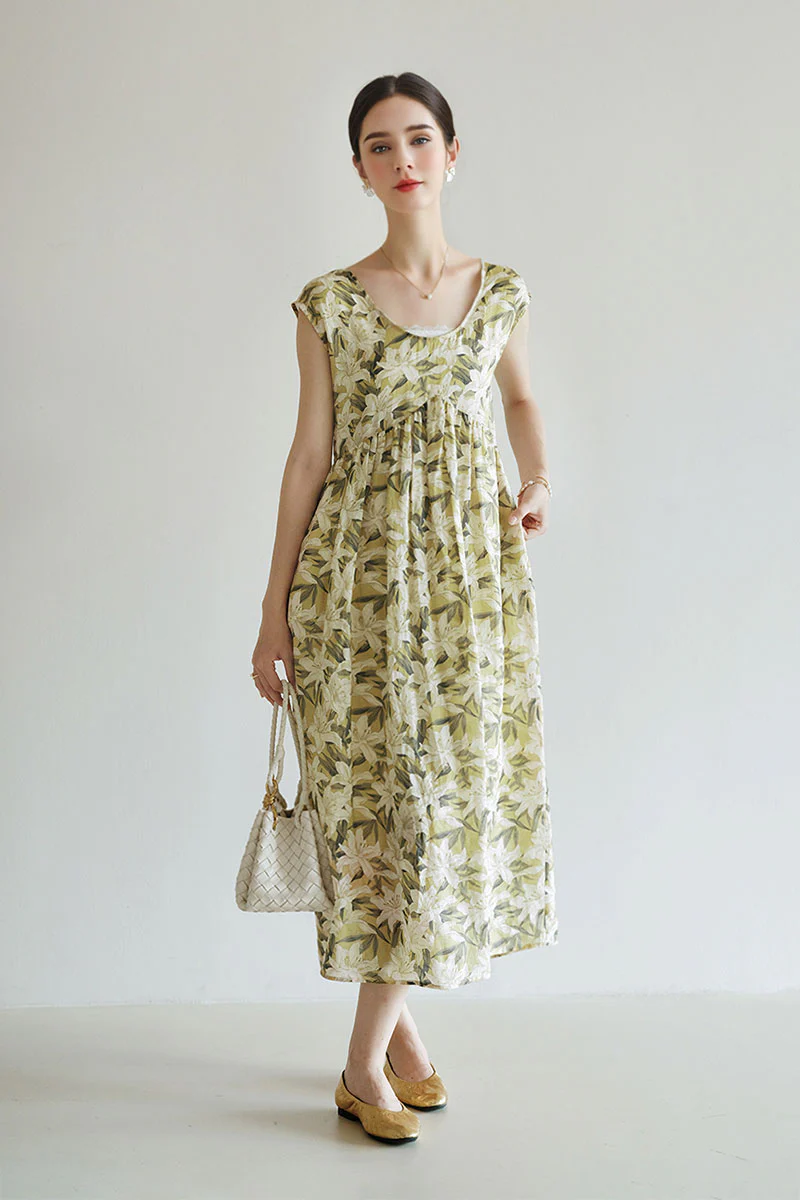 Pure Ramie Floral Sleeveless Scoop-Neck Midi Dress - HBQMJX