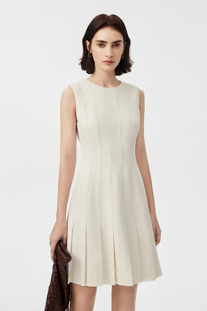 White Pleated Sleeveless A-Line Mini Dress in Triacetate - JIEEQQ