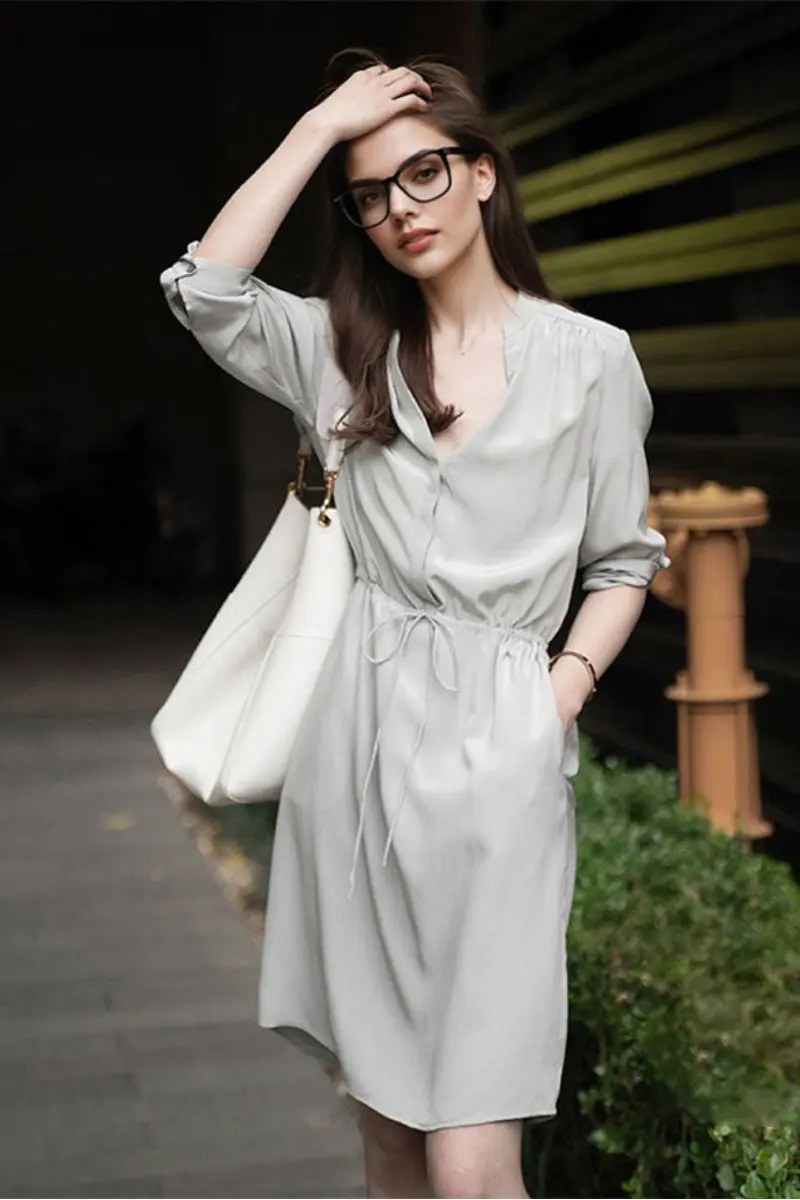 19 MM Silk Elbow-Sleeve Drawstring Waist Midi Dress - HBQMJX
