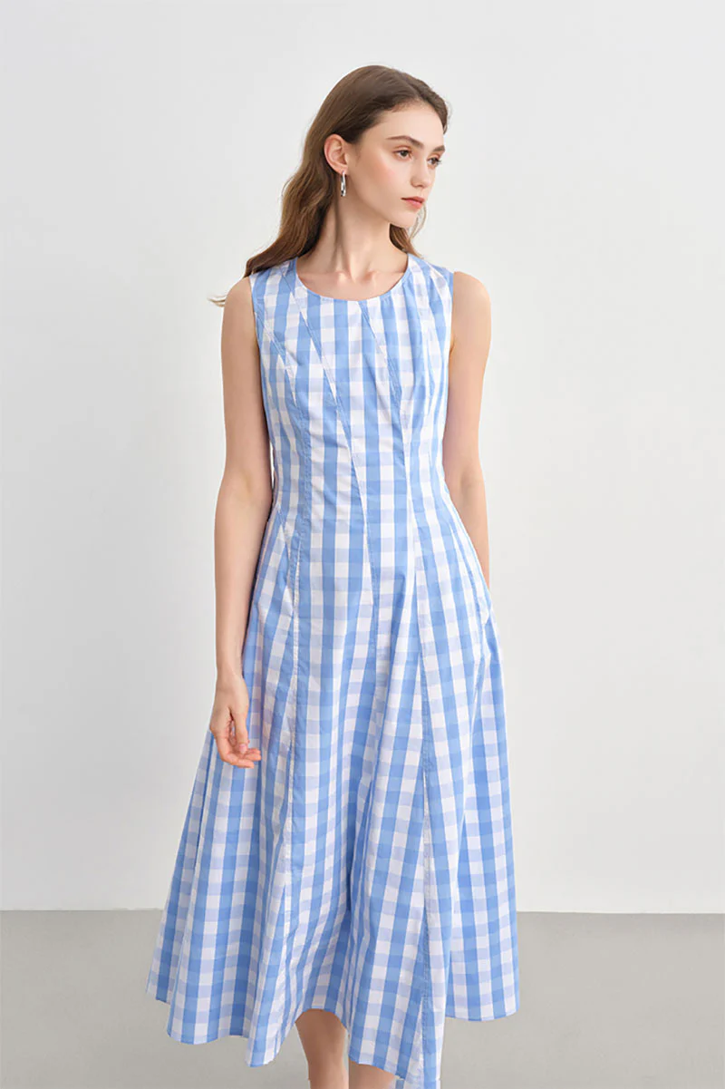 Blue Gingham Sleeveless A-Line Midi Dress - HBQMJX