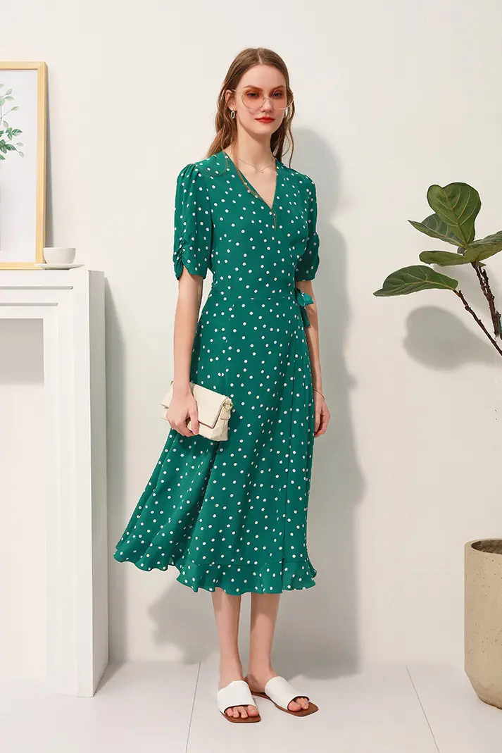 V-Neck Polka Dot Silk Midi Dress - HBQMJX