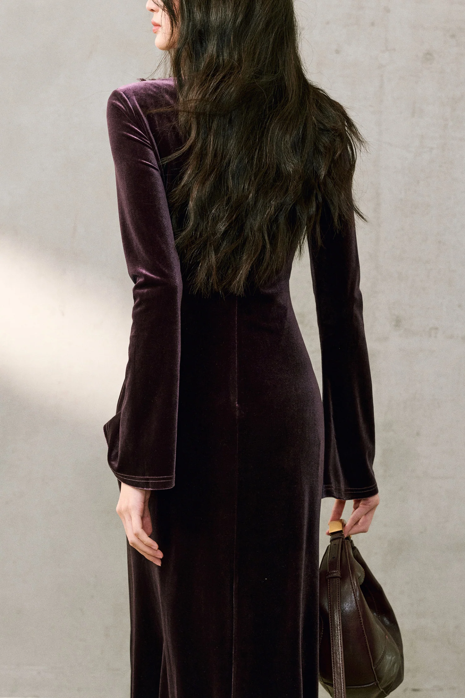 Purple Velvet Long Sleeve Lace V-Neck Maxi Dress - HBQMJX