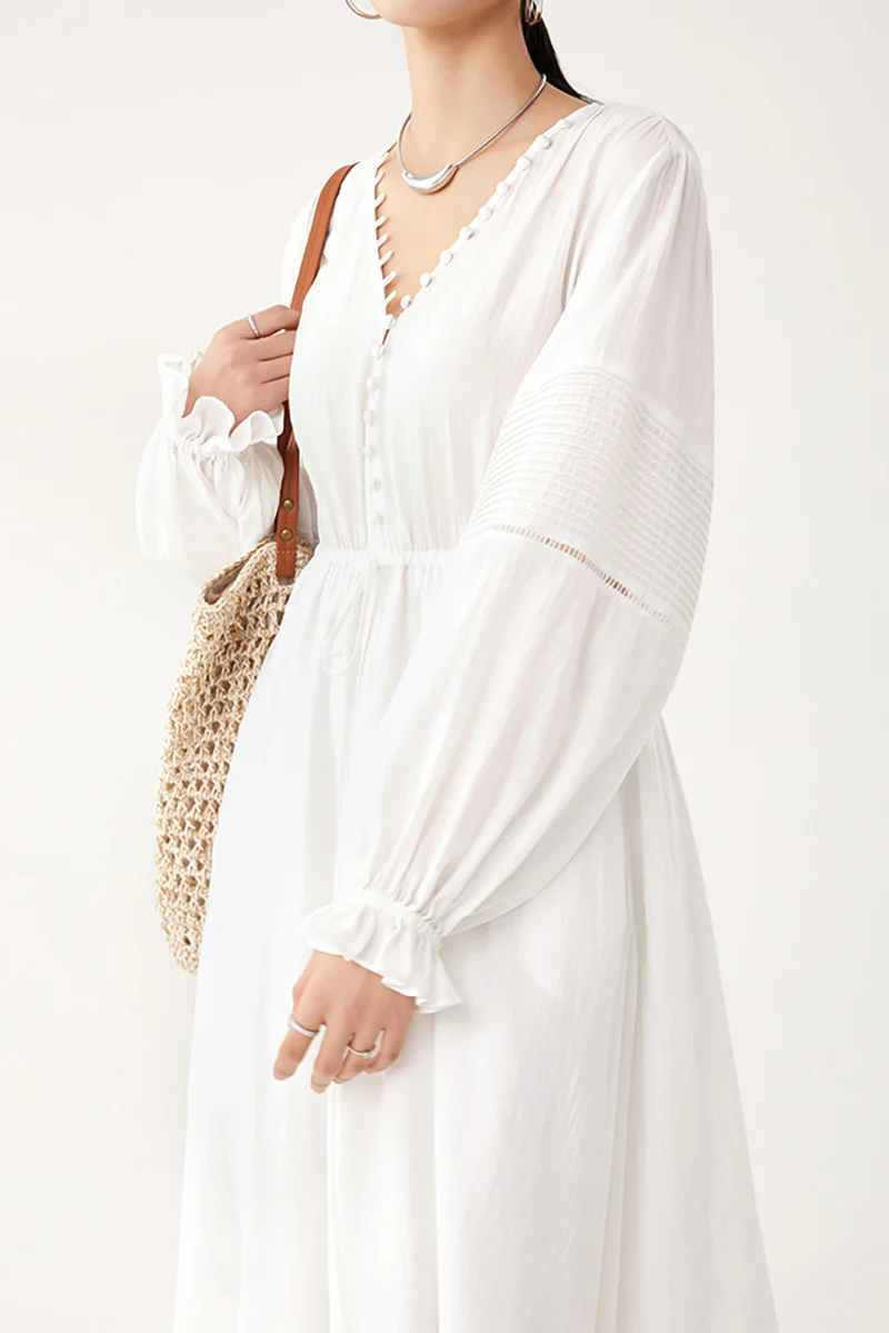White Lantern-Sleeve V-Neck Midi Dress - HBQMJX