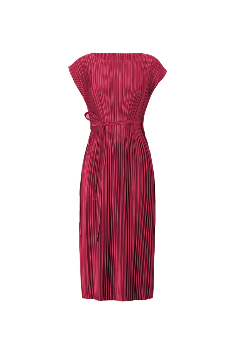 Designer Inspired Pleated Cap-Sleeve Dress with Belt - HBQMJX