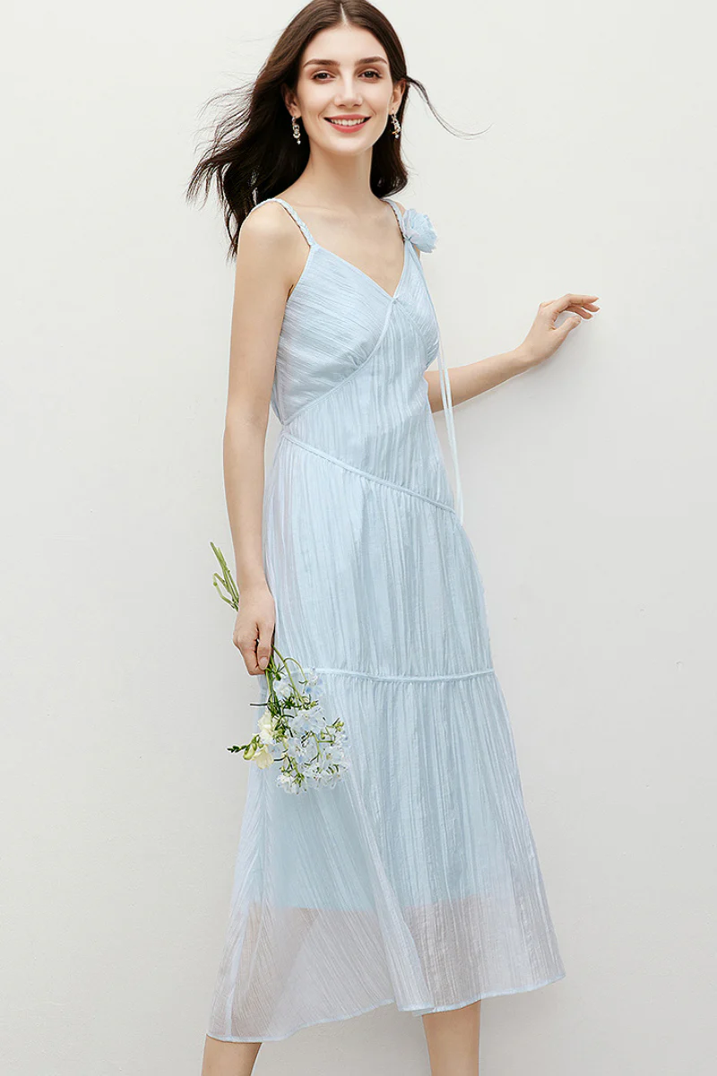 Baby Blue V-Neck Spaghetti-Strap Textured Midi Dress - HBQMJX