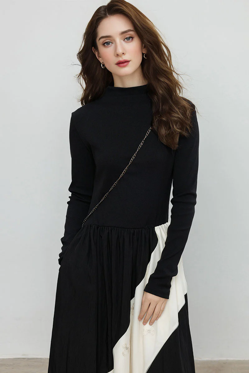 Fit & Flare Long-Sleeve Midi Dress with Lace Patchwork - HBQMJX