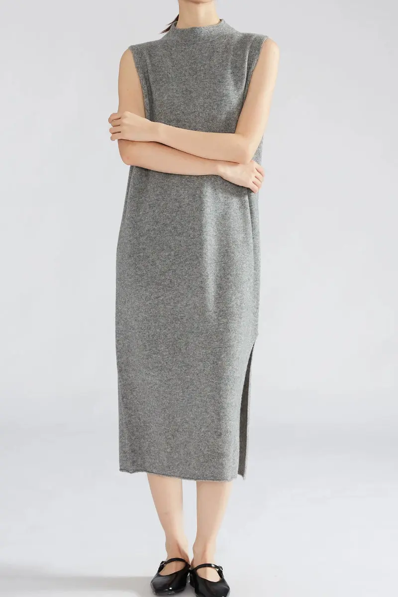 100 Wool Seamless Knit Sleeveless Midi Sweater Dress with Side Slit - HBQMJX