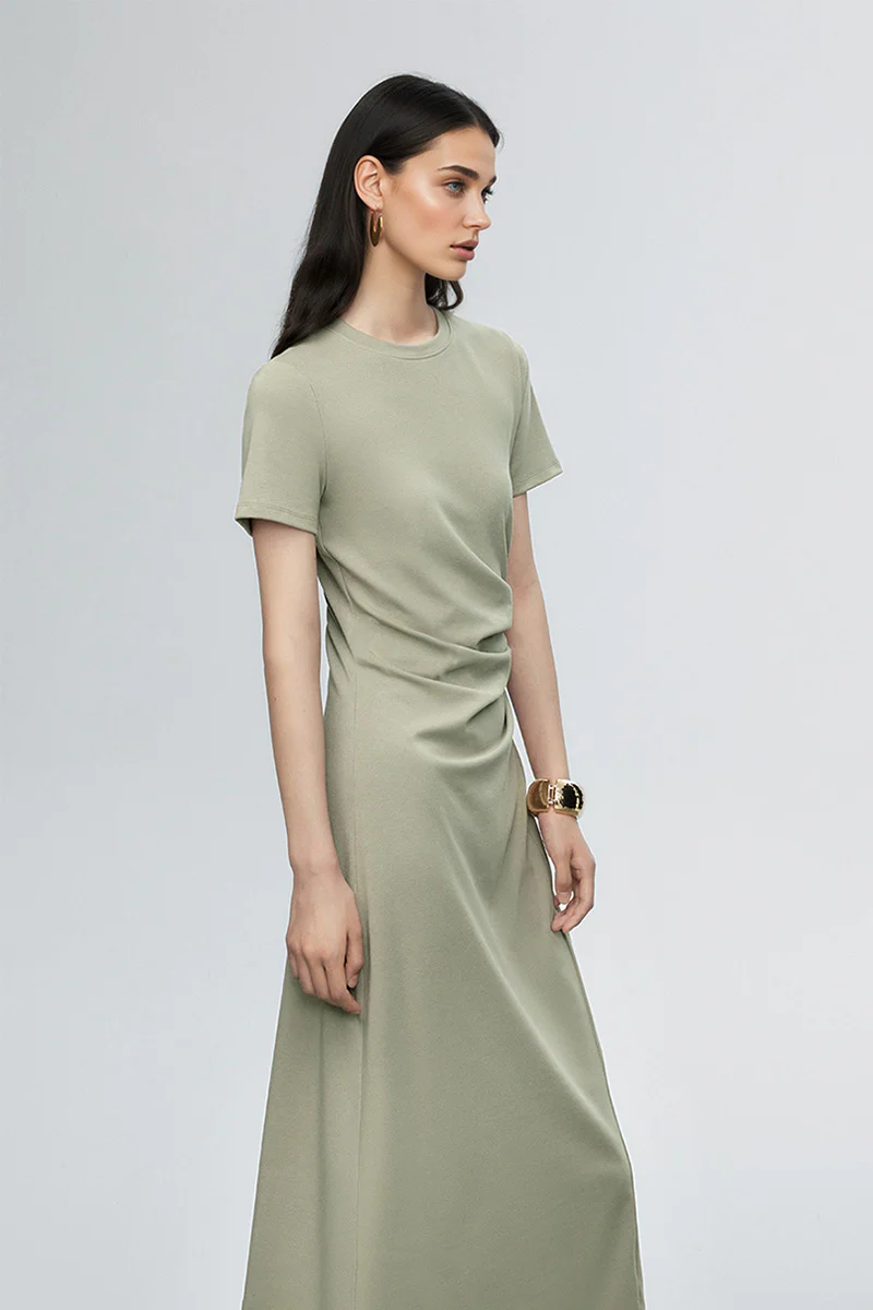 Sage Green Ruched-Waist T-Shirt Midi Dress - HBQMJX