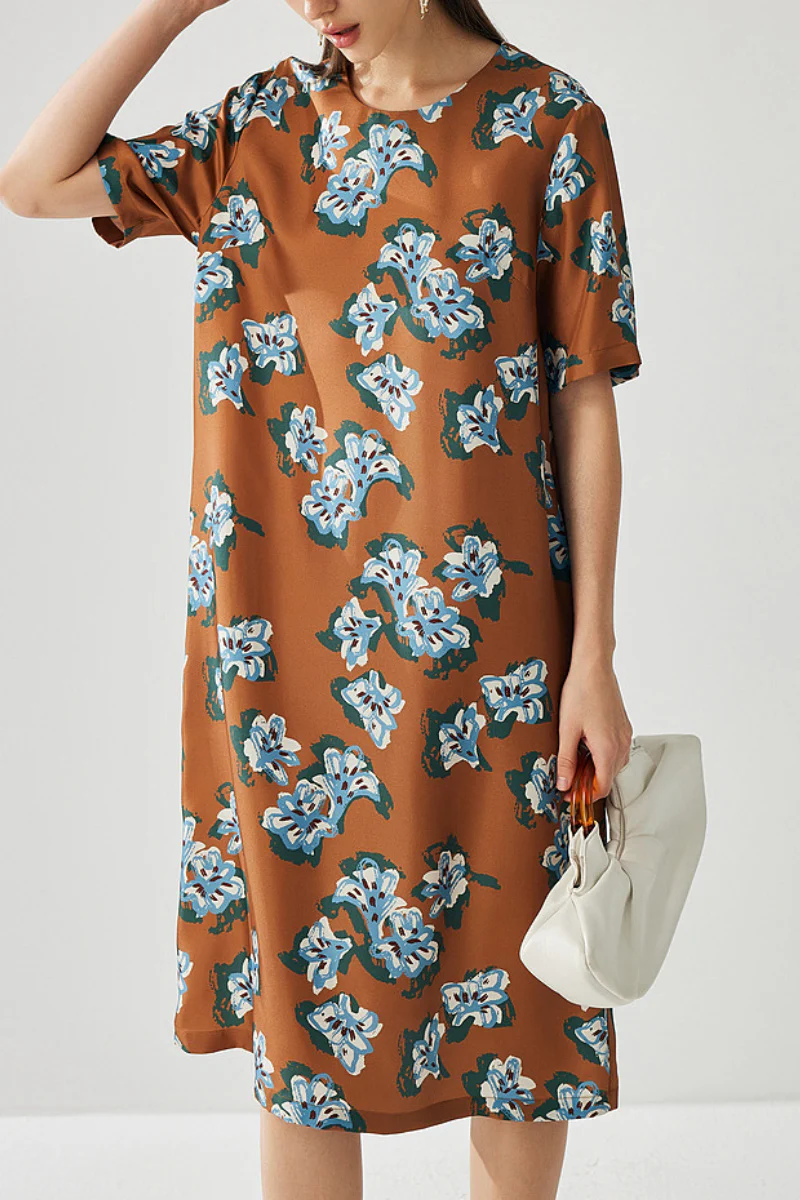 100% Silk Floral Midi Shift Dress with Pockets in Brown - HBQMJX