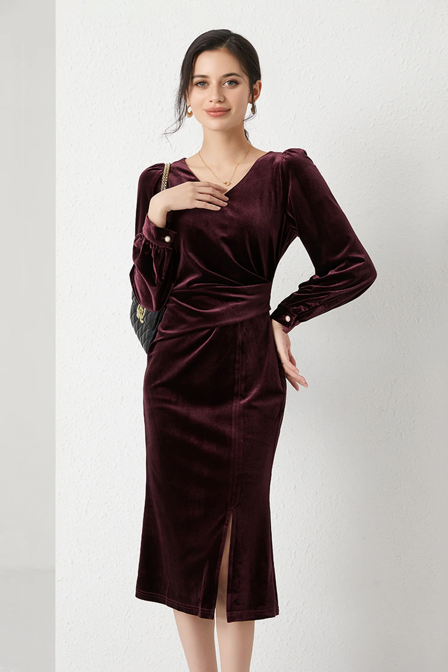 Burgundy Velvet Long Sleeve V-Neck Midi Dress - HBQMJX