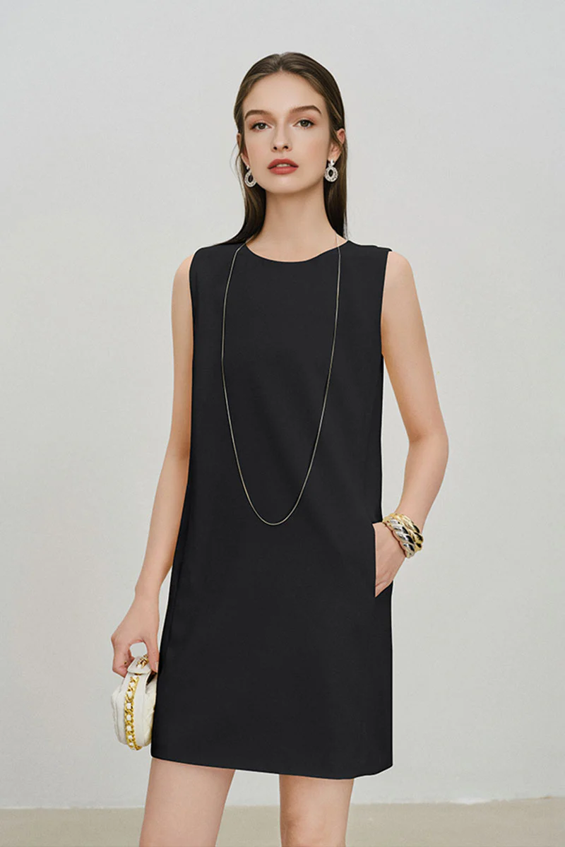 Black Triacetate-Blend Mini Shift Dress with Pockets - HBQMJX