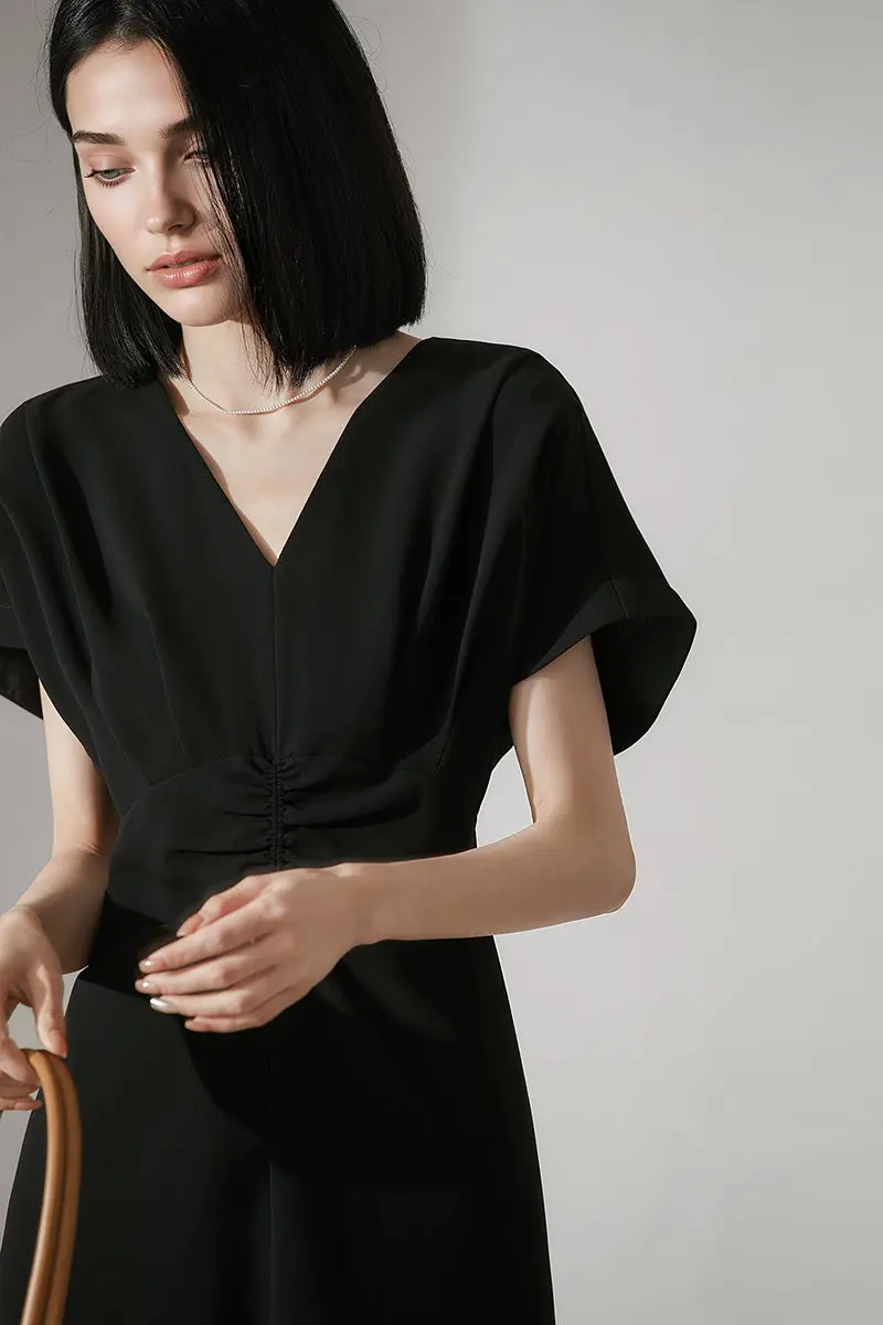 Black Triacetate V-Neck Gathered Waist Midi Dress - HBQMJX