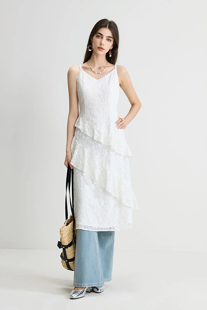 White Lace Tiered Sleeveless V-Neck Midi Dress - HBQMJX