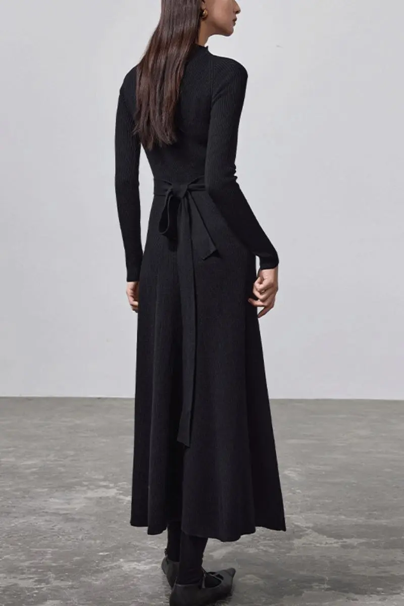 Machine Washable Merino Wool Fit & Flare Midi Sweater Dress with Belt - HBQMJX