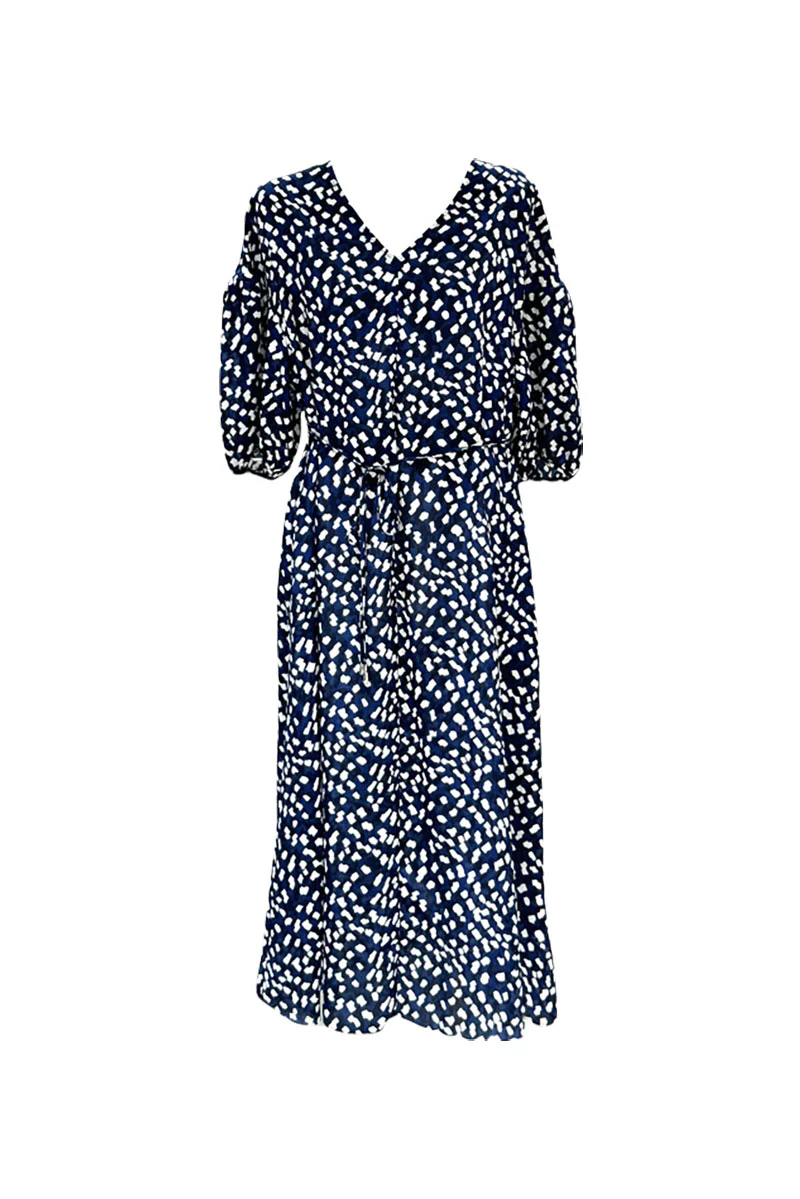 100 Mulberry Silk Leaf Print Balloon-Sleeve V-Neck Midi Dress with Tie Waist - HBQMJX
