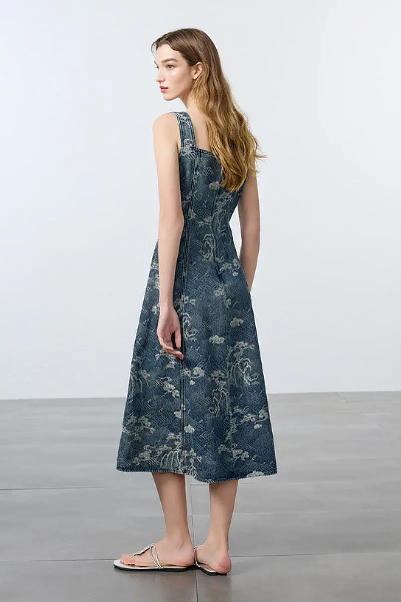 Denim Jacquard Square-Neck A-Line Midi Dress - HBQMJX