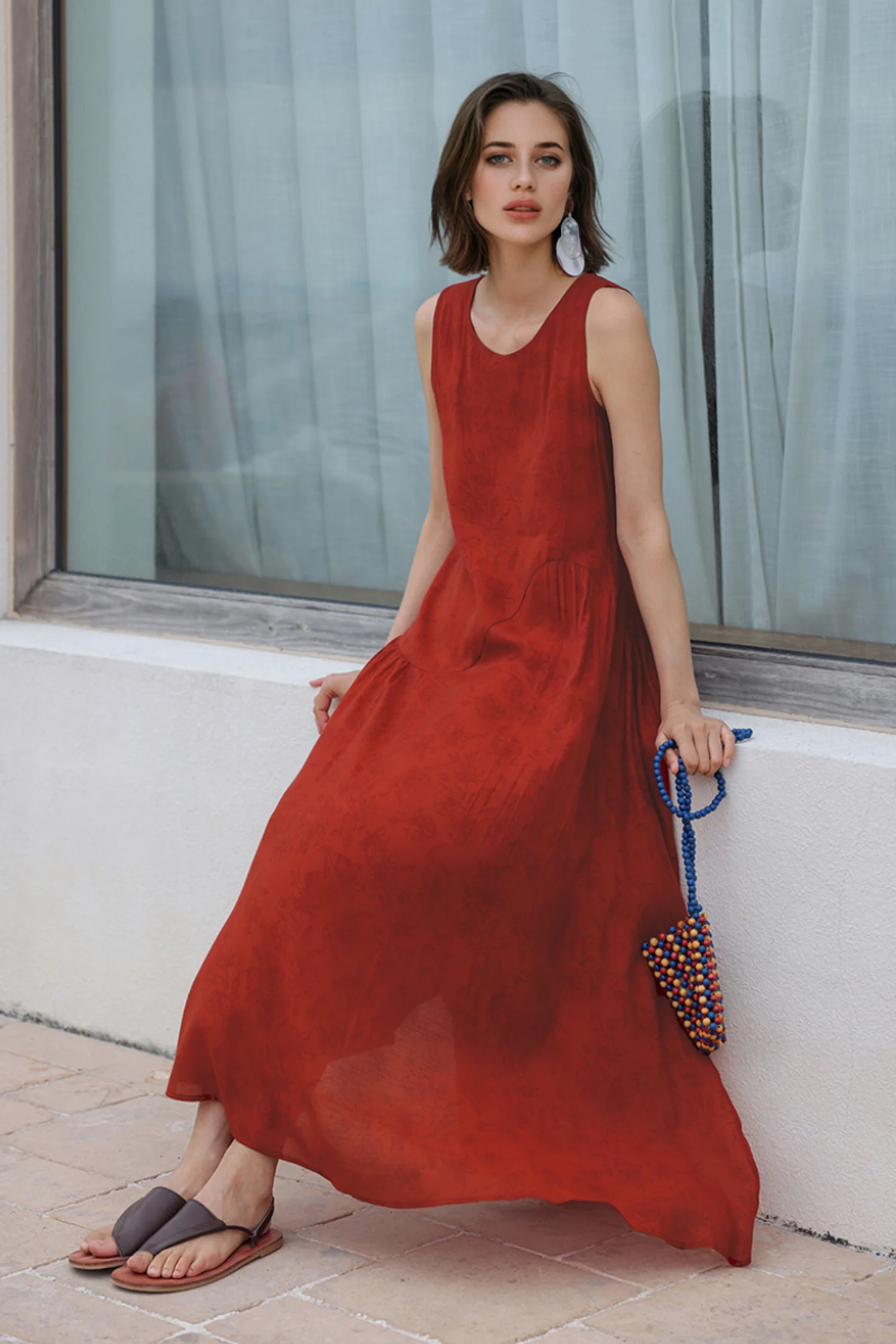 Red Asymmetrical Tiered Sleeveless Maxi Dress with Floral Print - HBQMJX