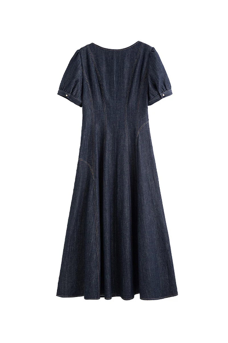 Denim Short-Sleeve A-Line Midi Dress - HBQMJX