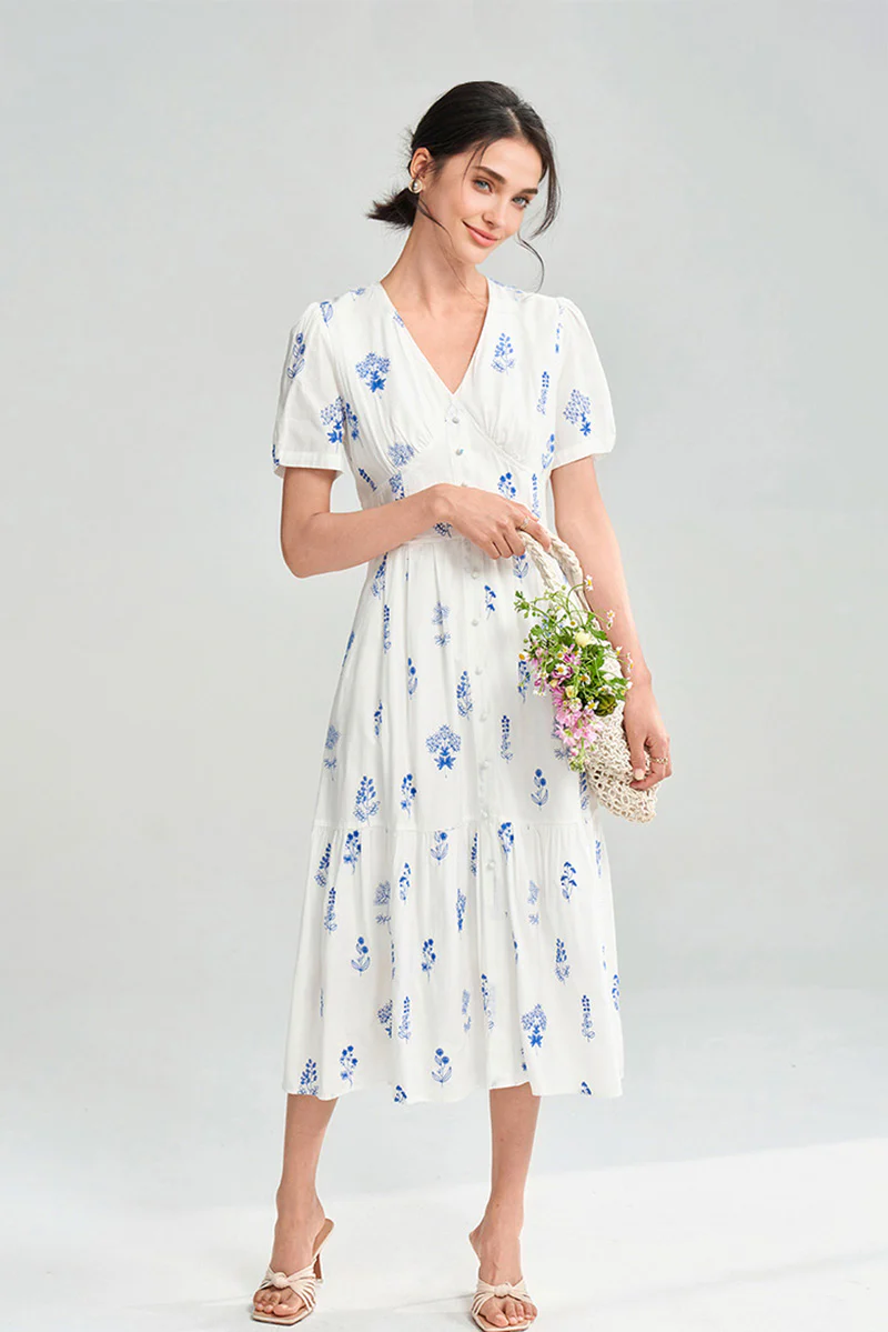 100 Cotton Floral Empire Waist A-Line Midi Sundress - HBQMJX