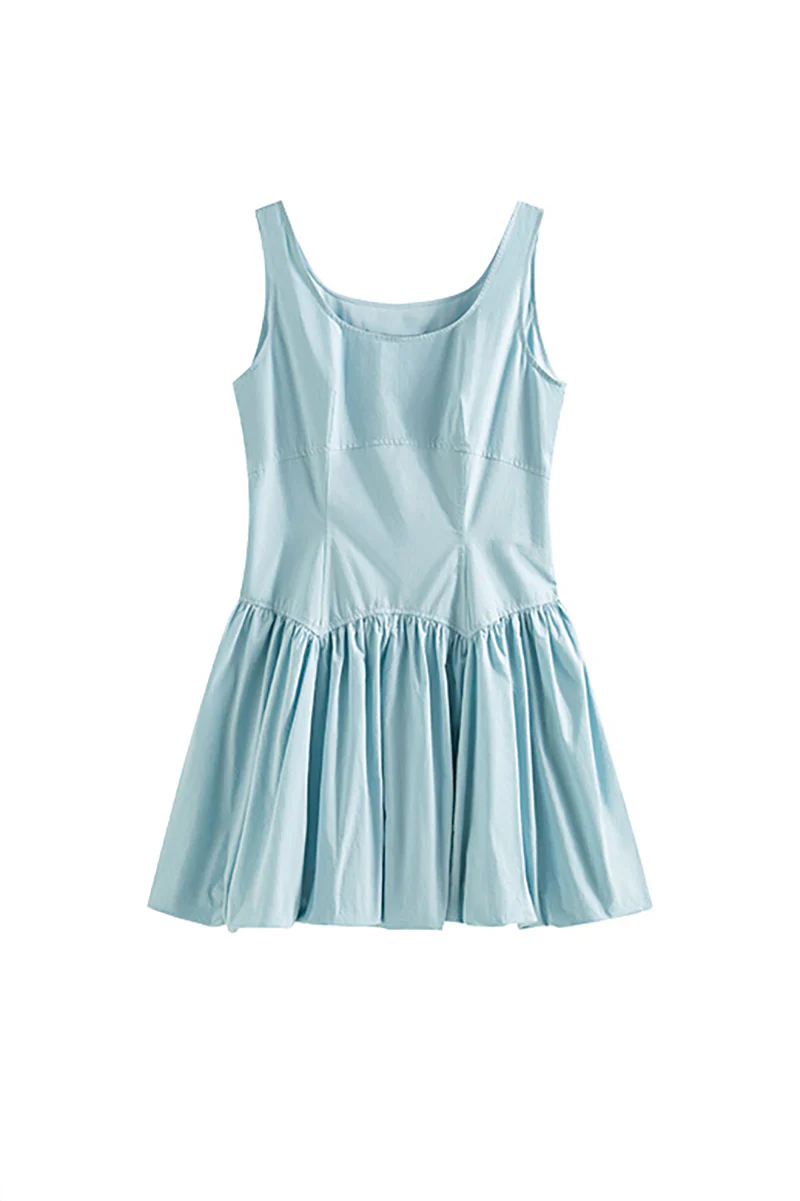 Baby Blue 100 Cotton Sleeveless Scoop-Neck Bubble Mini Dress - HBQMJX