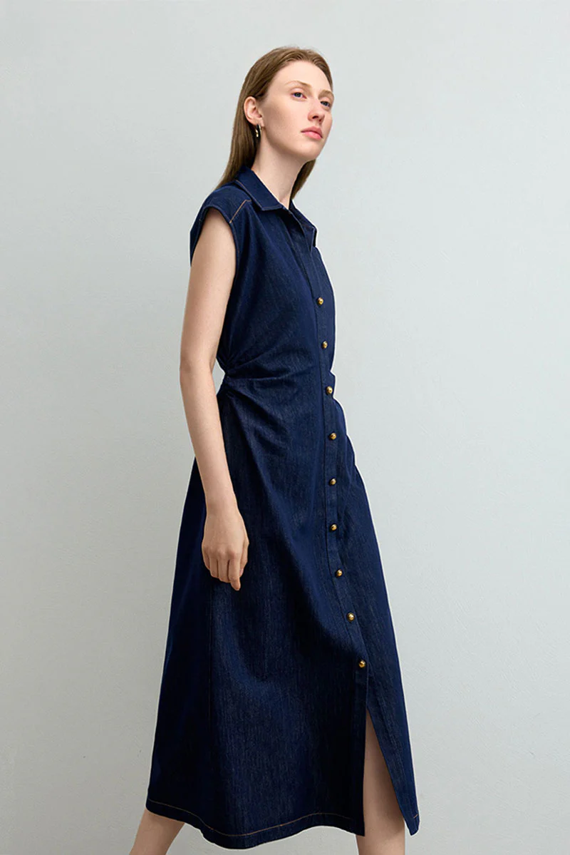 Tencel Denim Cap-Sleeve Button-Up Midi Shirt Dress with Ruched Waist - HBQMJX