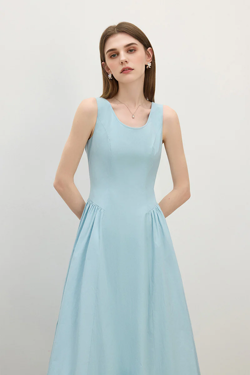 Baby Blue 100 Cotton Sleeveless Scoop-Neck Bubble Midi Dress - HBQMJX