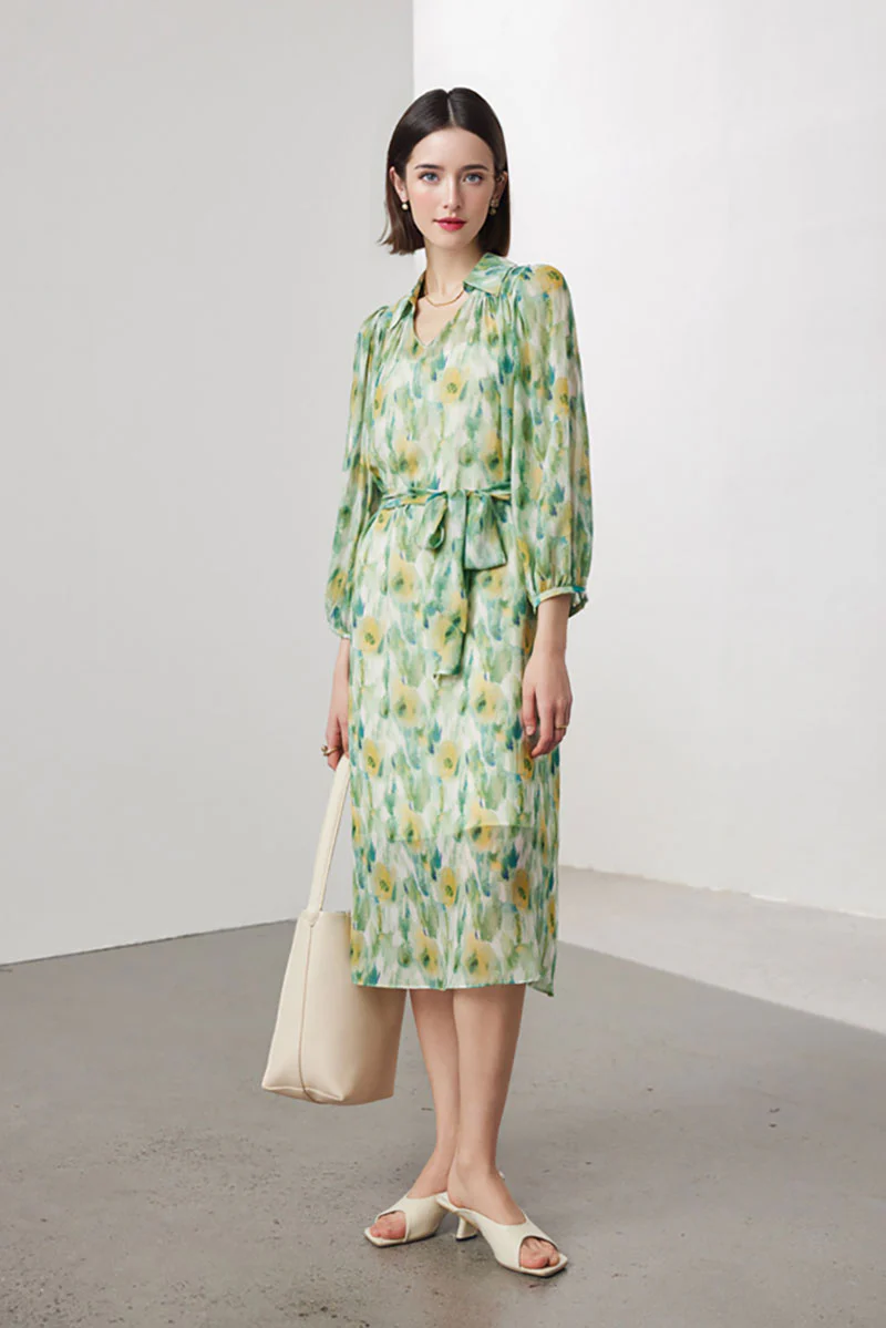 100 Mulberry Silk Floral Balloon-Sleeve V-Neck Collared Midi Dress - HBQMJX