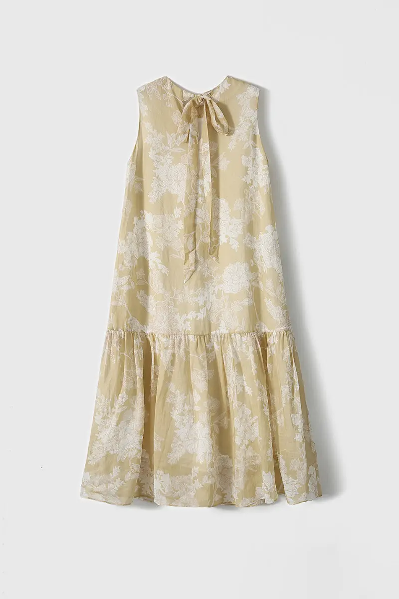 Ramie Floral Tiered Sleeveless Trapeze Midi Dress - HBQMJX