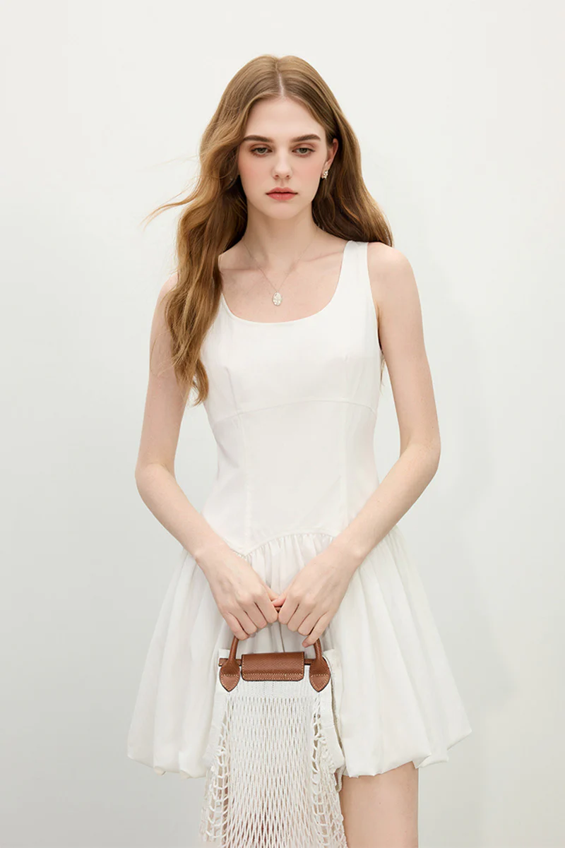 White Sleeveless Scoop-Neck Bubble Mini Dress - HBQMJX