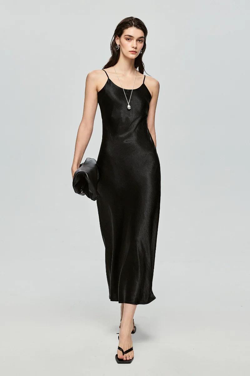 Black Bias Cut Satin Slip Midi Dress - HBQMJX