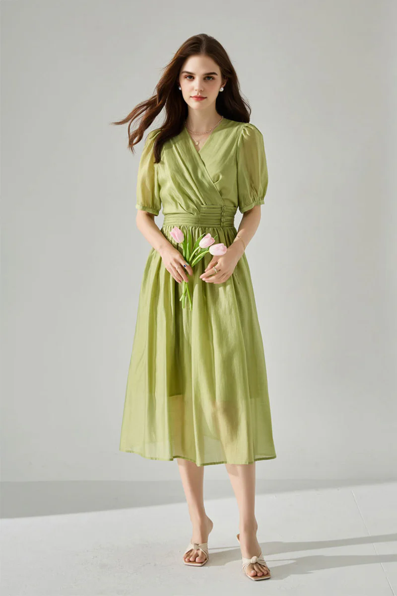 Sheer Tencel A-Line Midi Wrap Dress with Button Detail in Green - JIEEQQ