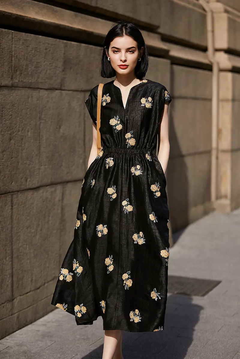 Xiang Yun Silk Floral Hand-Embroidery Midi Dress - HBQMJX