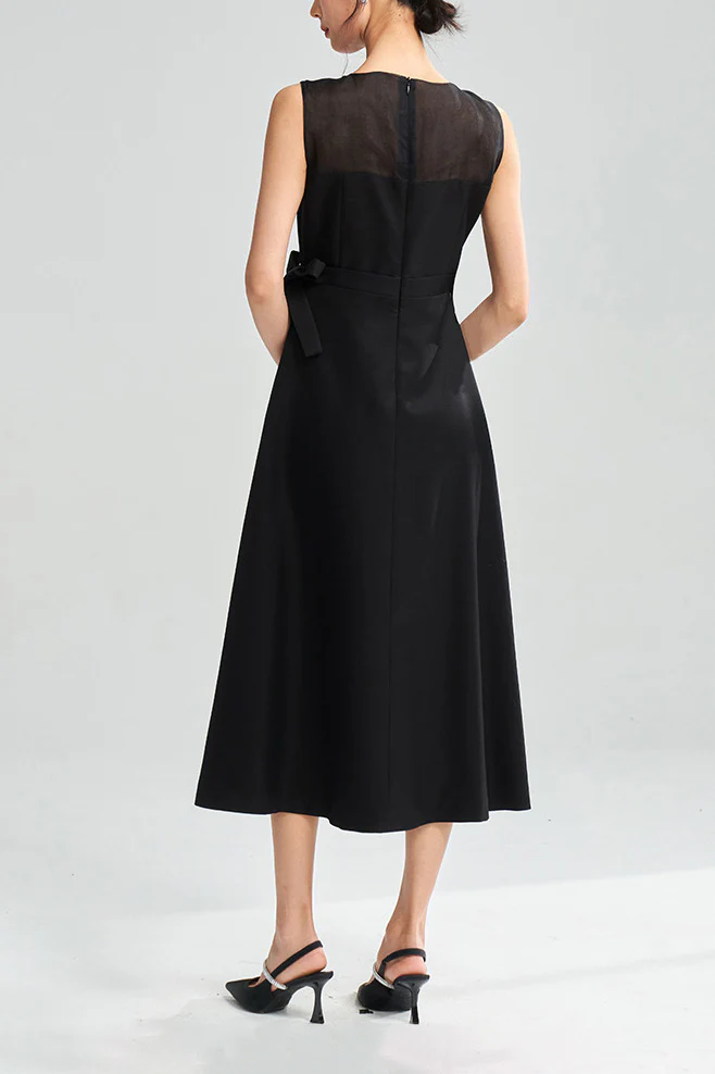 Black Sleeveless A-Line Organza Midi Dress with Bow - HBQMJX
