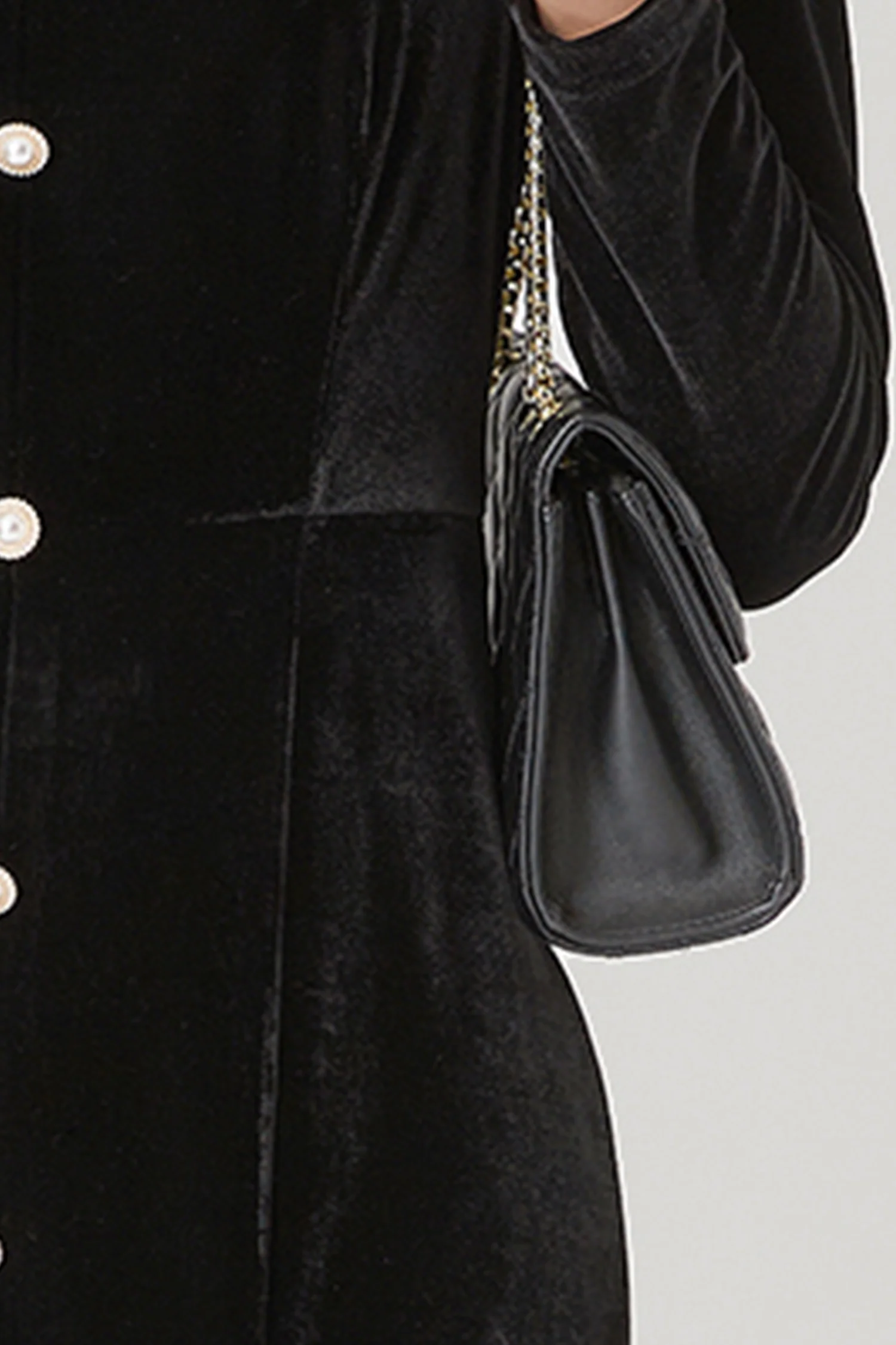 Black Velvet Long Sleeve Sweetheart Midi Dress with Pearls - HBQMJX