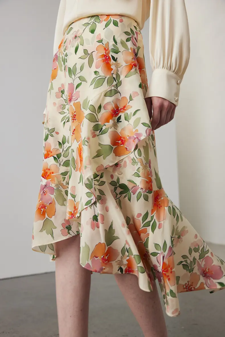 Asymmetric Silk Ruffled Floral Midi Skirt - HBQMJX