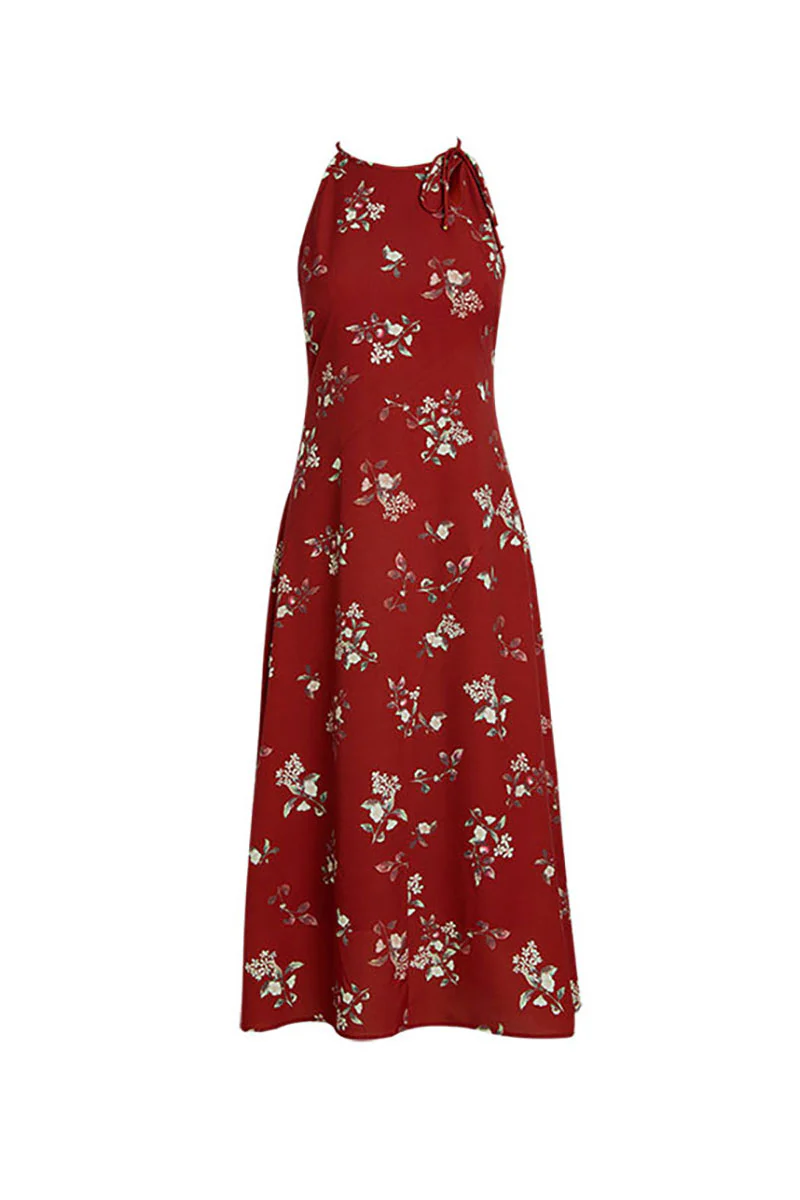 Red Jacquard Halter Midi Dress with Shoulder Bow - HBQMJX