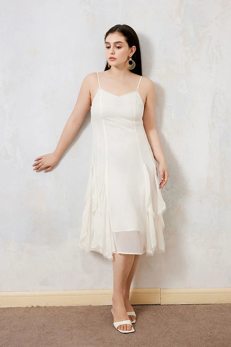 White Chiffon Spaghetti-Strap Ruffled Midi Dress with Lace Trim - HBQMJX