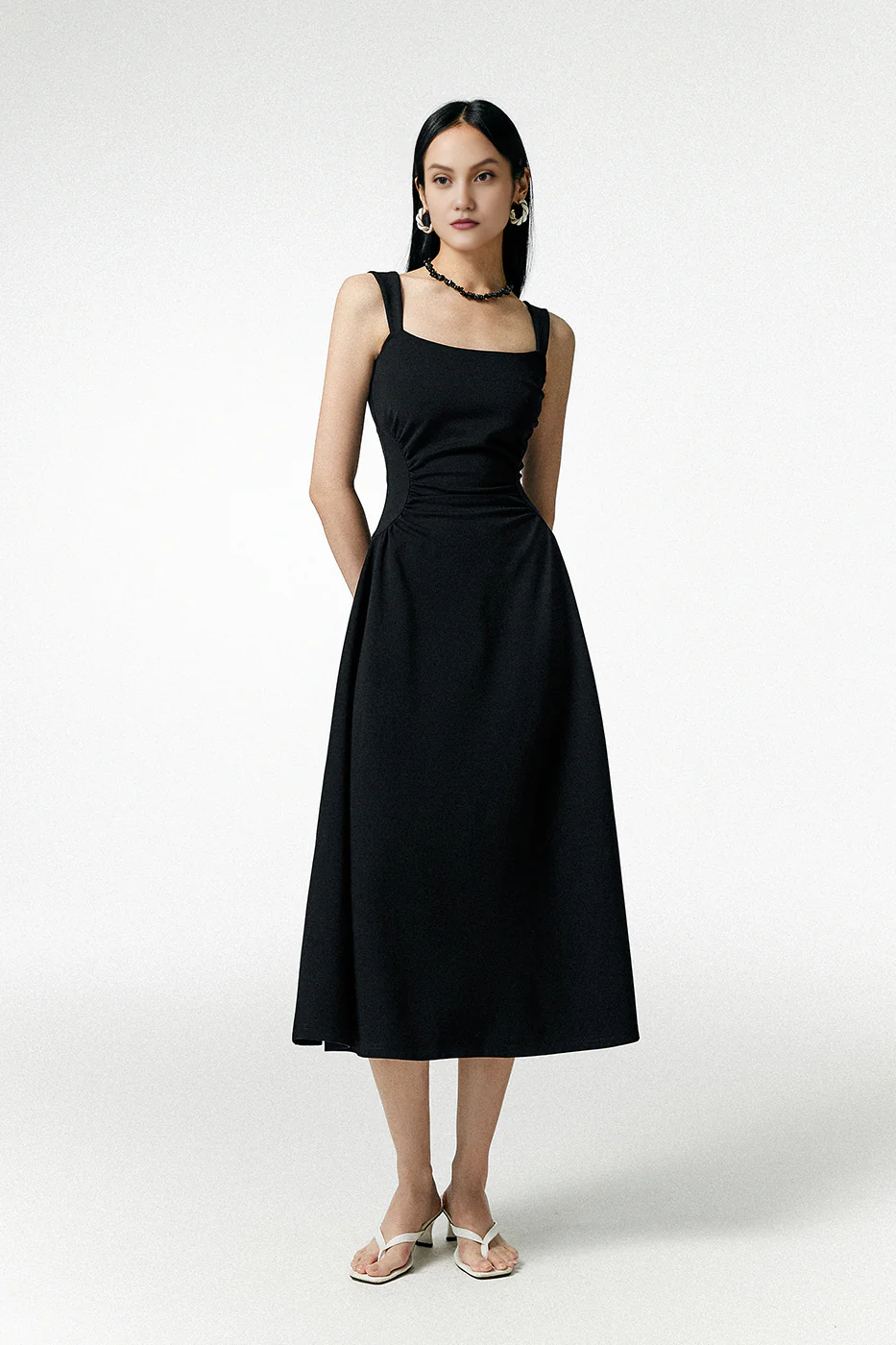 Square Neck Midi Dress with Pleated Waist - HBQMJX