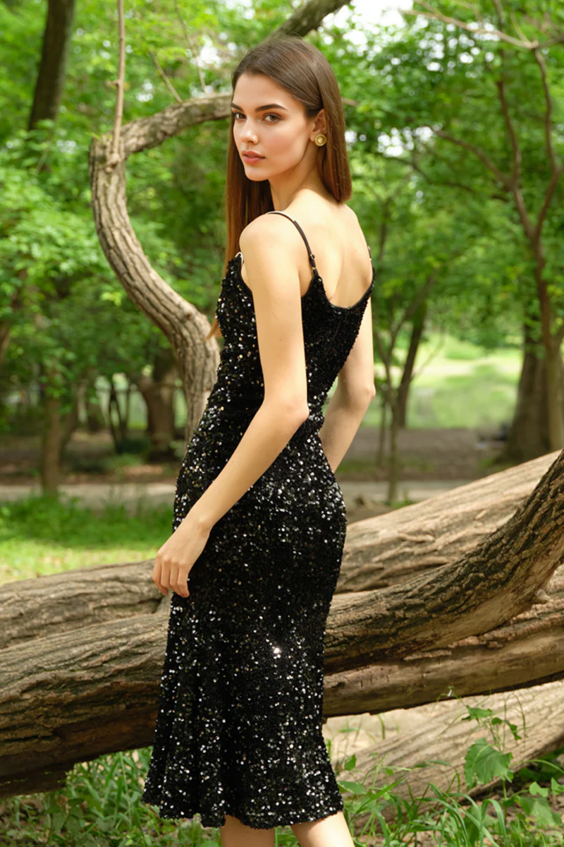 Black Sequin V-Neck Spaghetti-Strap Midi Dress - HBQMJX