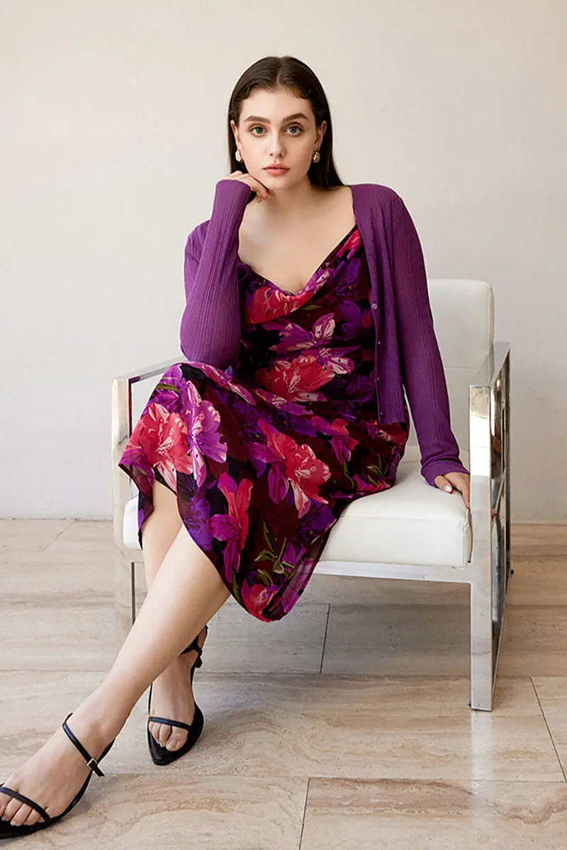 Chiffon Floral Cowl-Neck Midi Slip Dress in Purple - HBQMJX