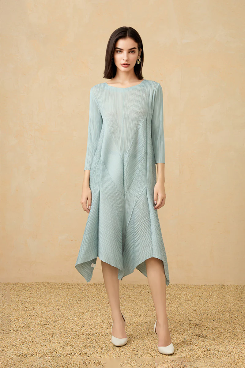 Pleated Long-Sleeve Midi Dress with Tulip Hem - HBQMJX