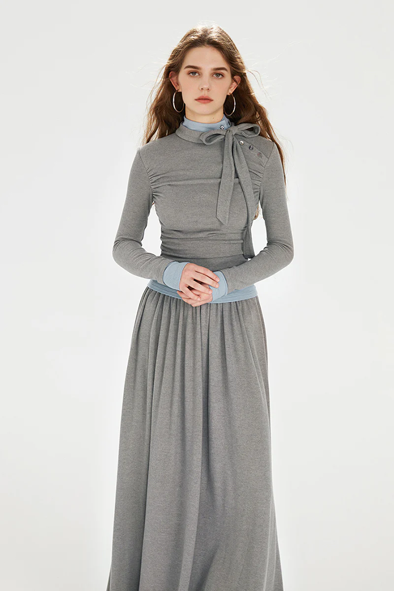 Long-Sleeve Ruched Fit & Flare Maxi Dress with Bow - HBQMJX